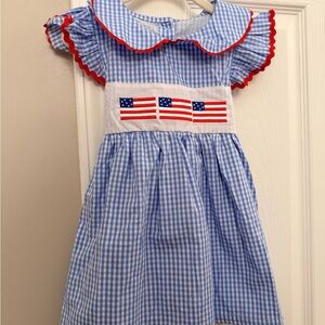 Blue Gingham Kids Dress with Flags 3T